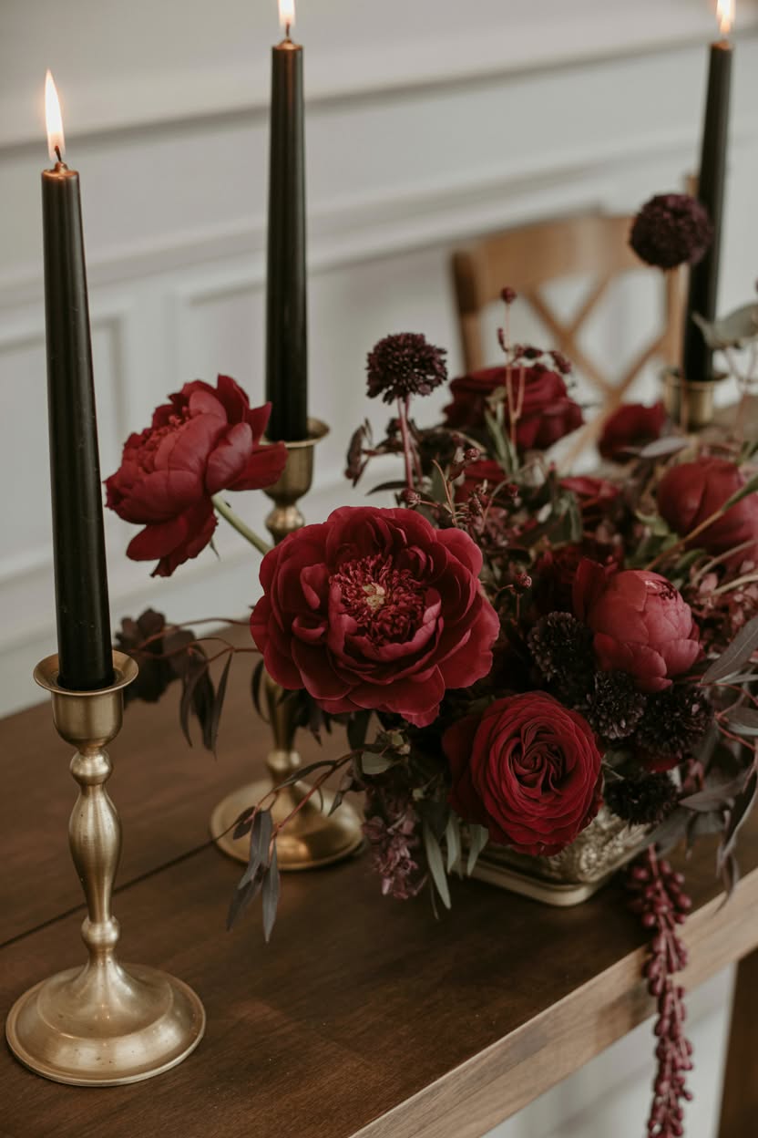 Close-up of burgundy floral centerpiece with black candles
