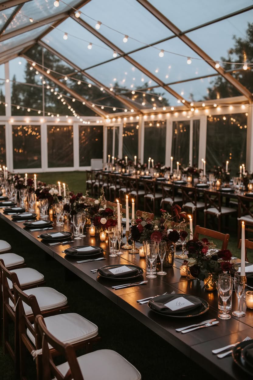 Clear tent wedding reception with string lights and burgundy table decor