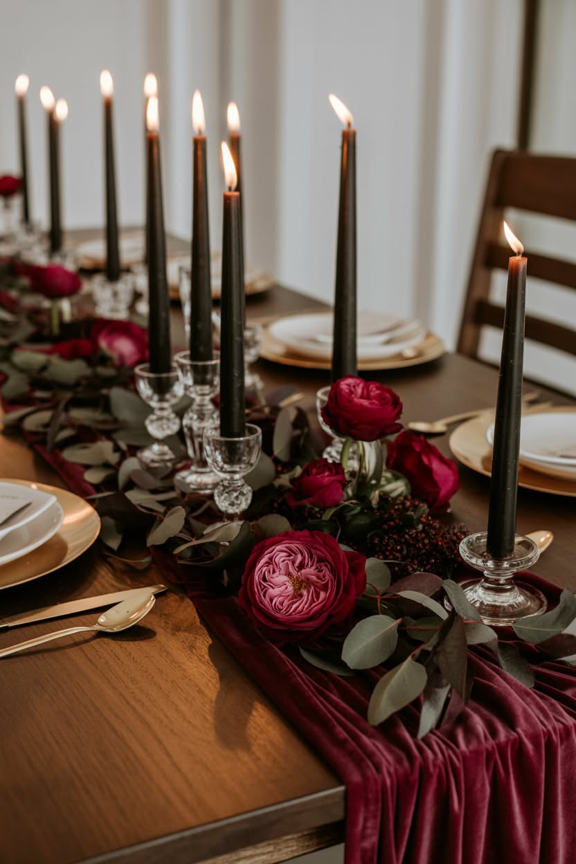 Elegant place setting with black plates and burgundy napkin