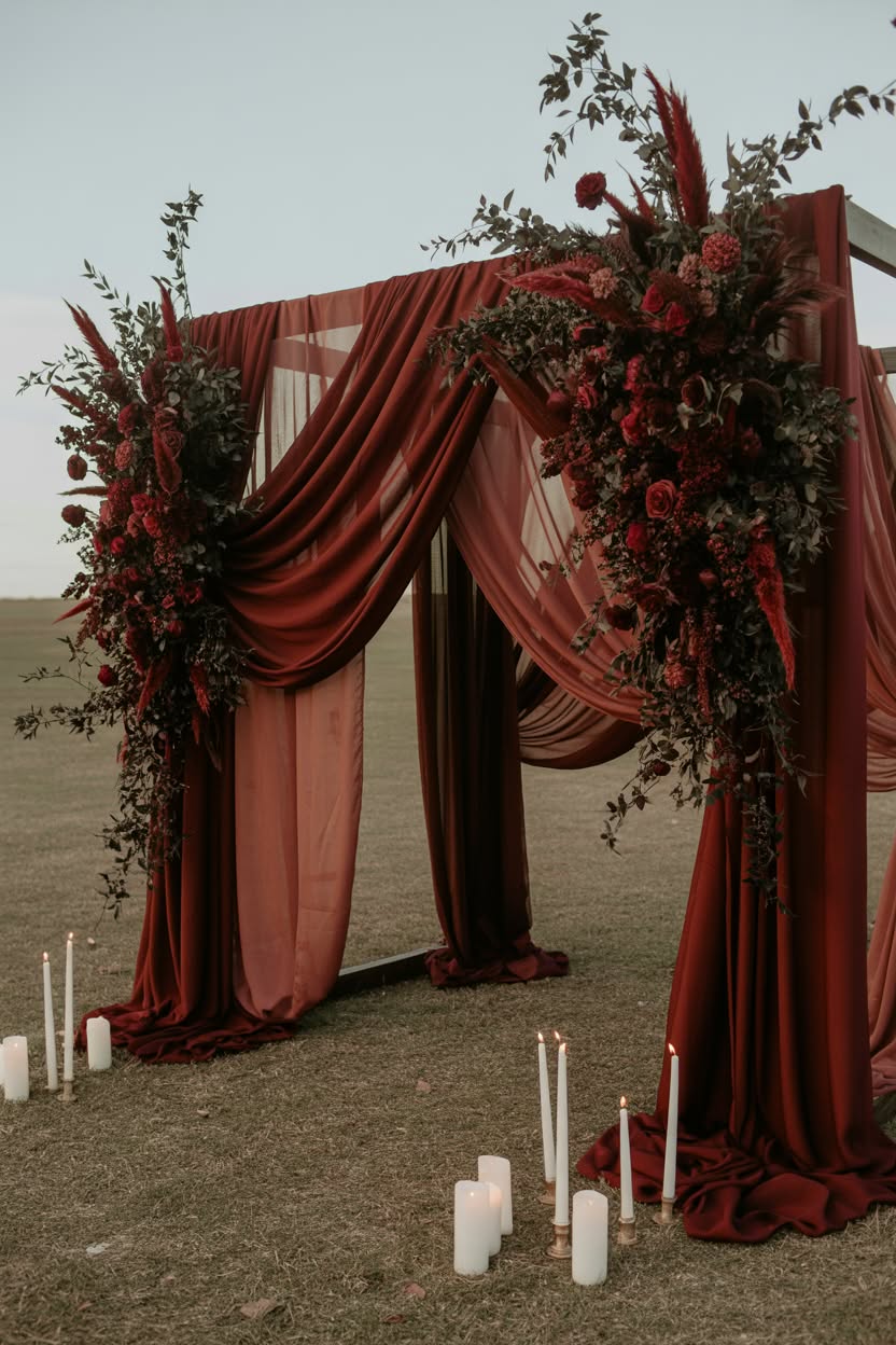 Outdoor wedding arch with burgundy fabric draping and florals