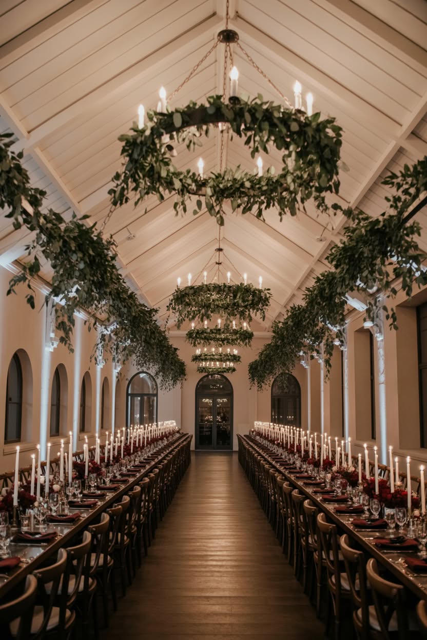 Cathedral ceiling wedding reception with hanging greenery chandeliers