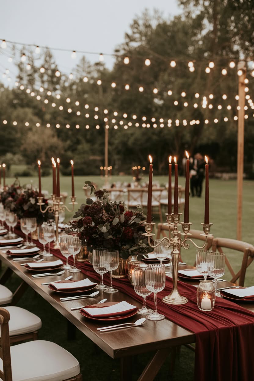 Outdoor lakeside wedding reception at twilight with string lights
