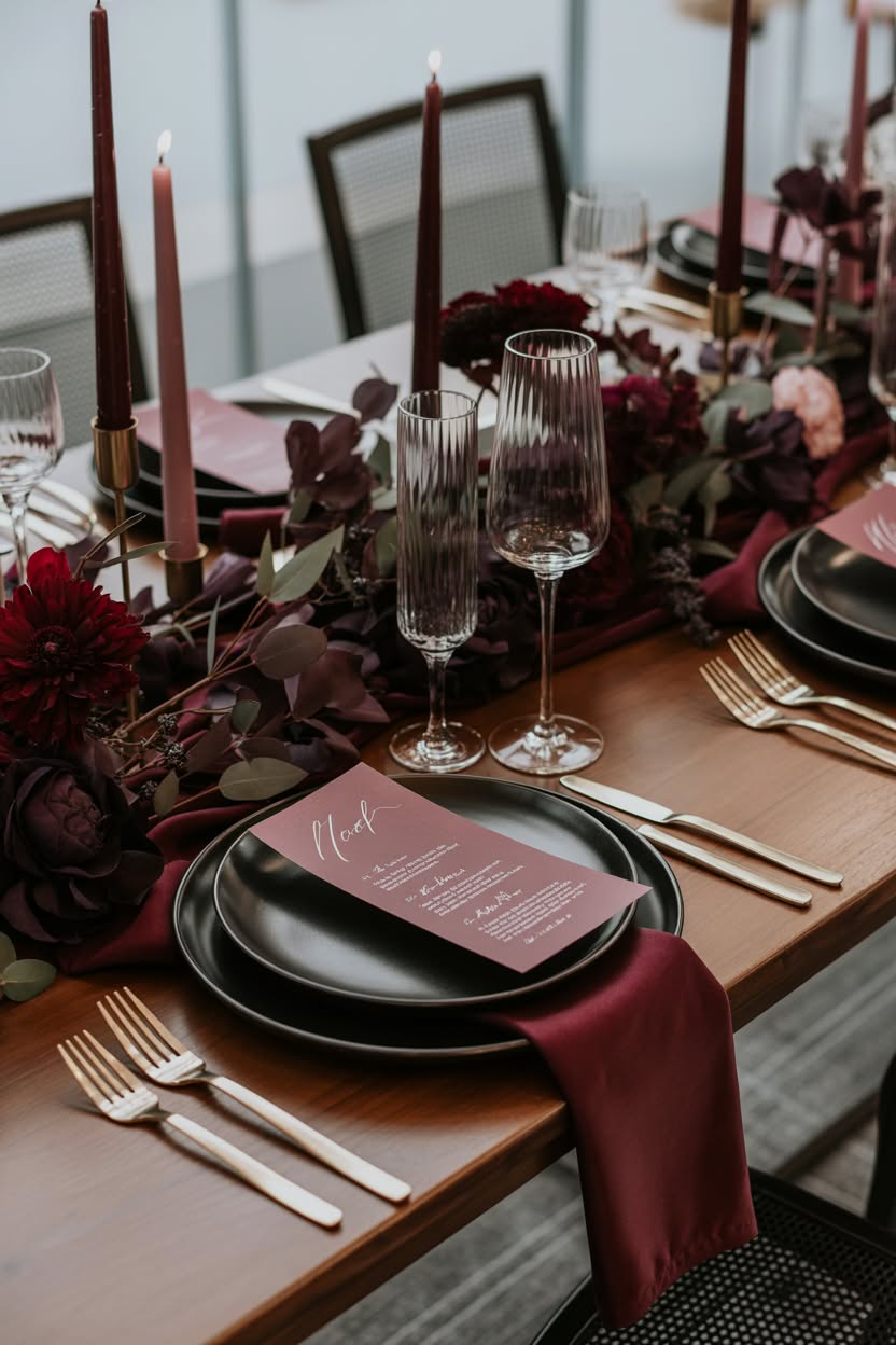 Elegant table setting with burgundy runner and mixed height candles