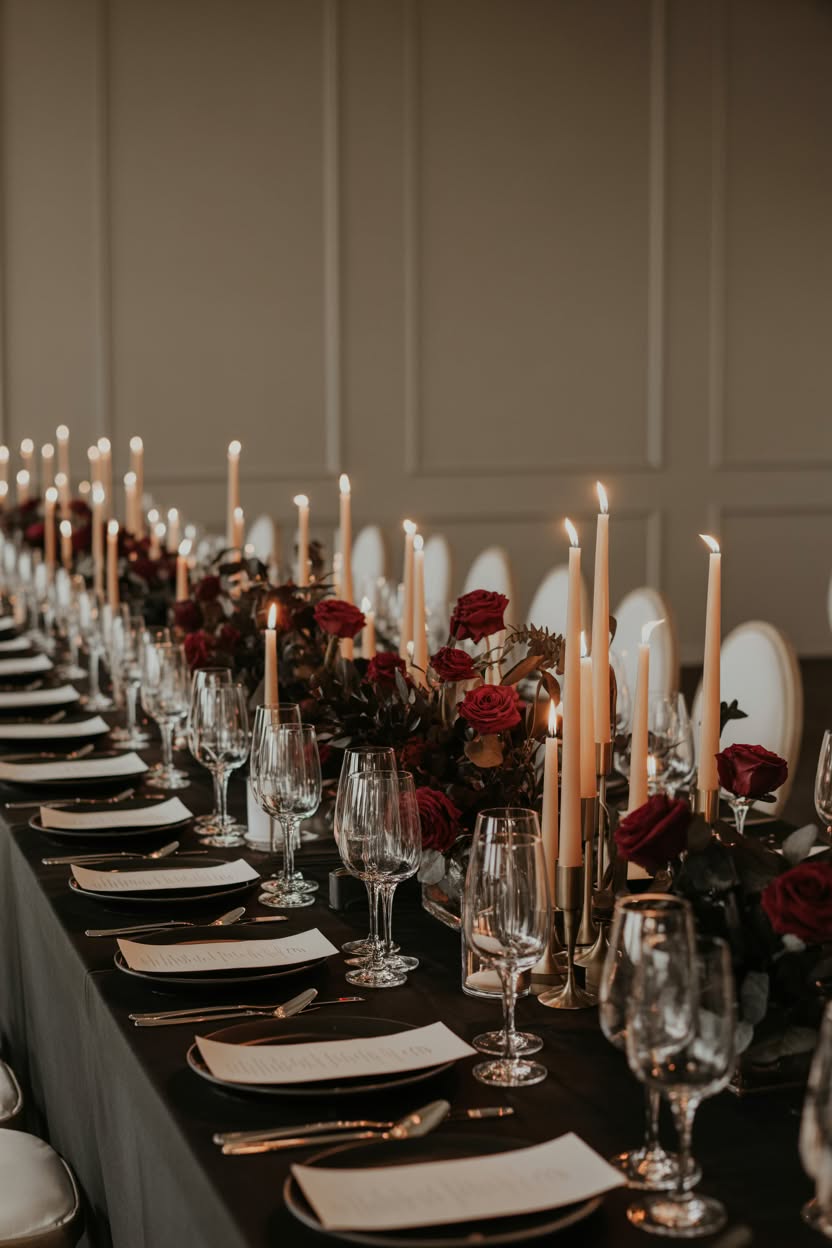 Modern black wedding table with rose gold details and burgundy florals