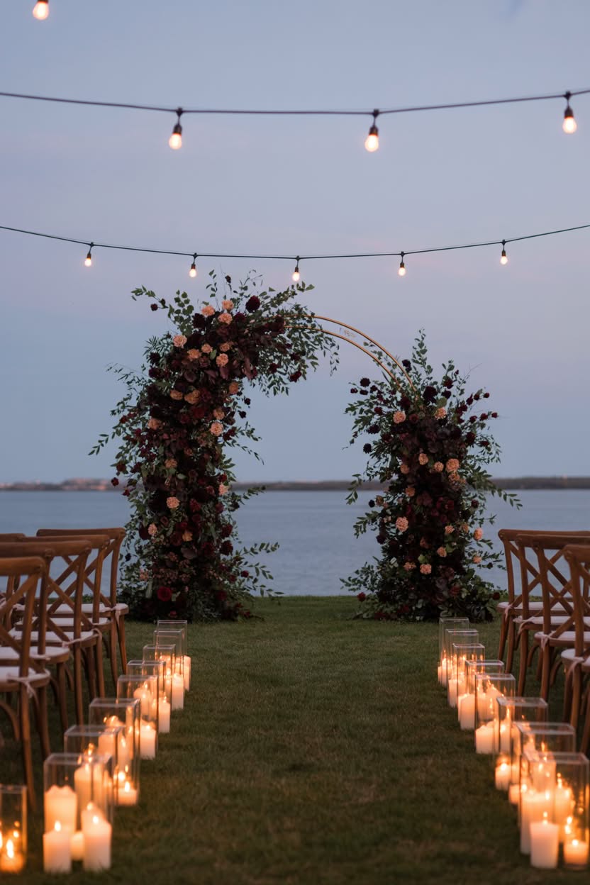 Lakeside wedding ceremony arch with asymmetrical burgundy florals