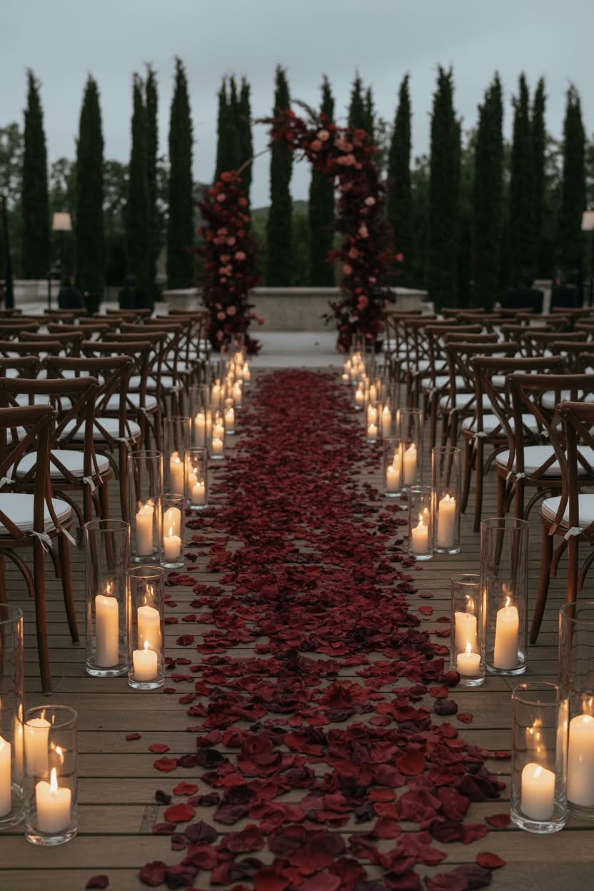 Outdoor wedding ceremony aisle covered in burgundy rose petals with candles
