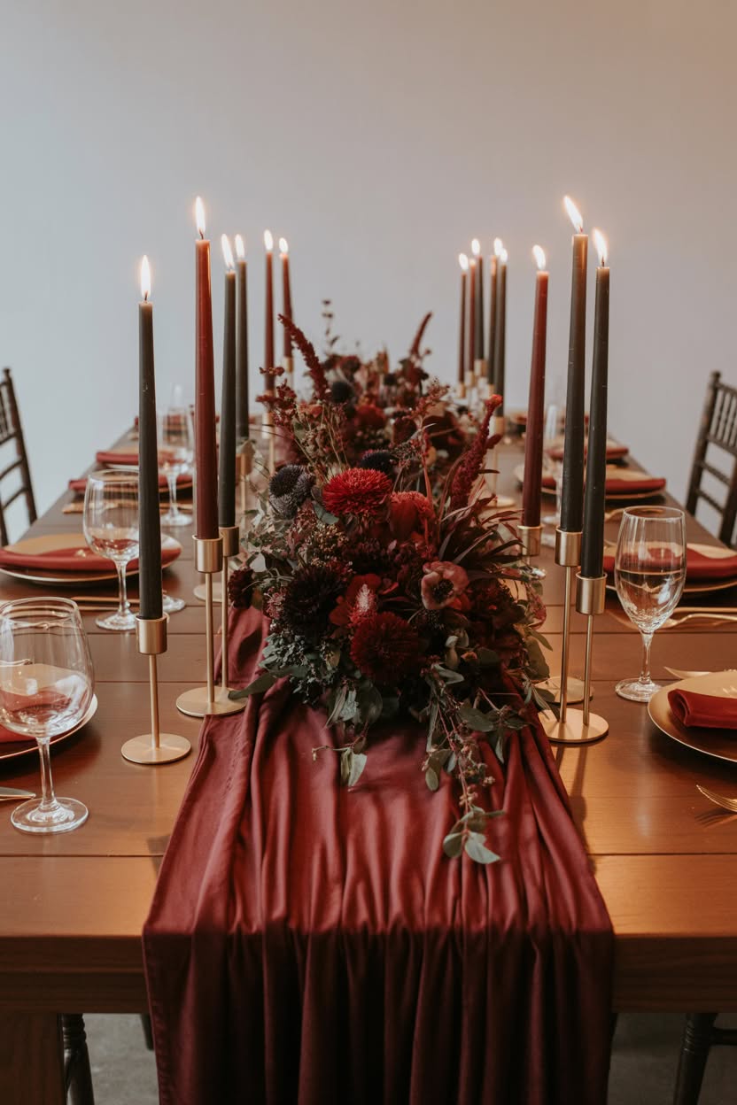 Intimate wedding table with burgundy silk runner and brass candelabras