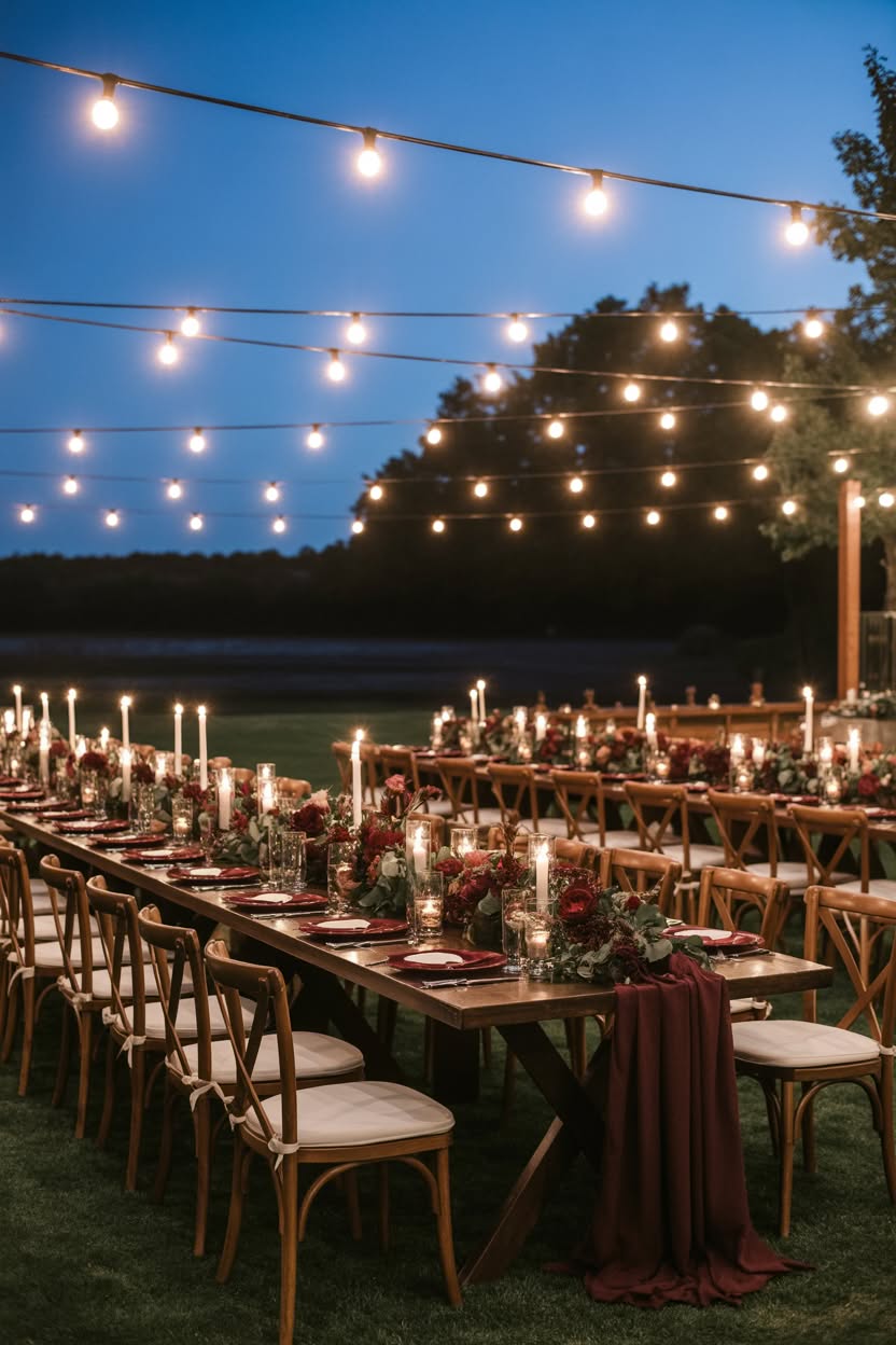 Outdoor lakeside wedding reception with string lights and burgundy table settings