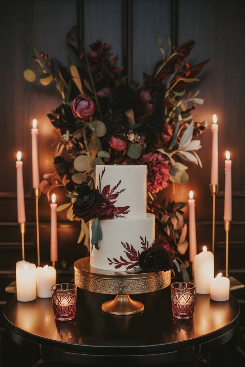 White wedding cake with burgundy florals and black candles on gold stand