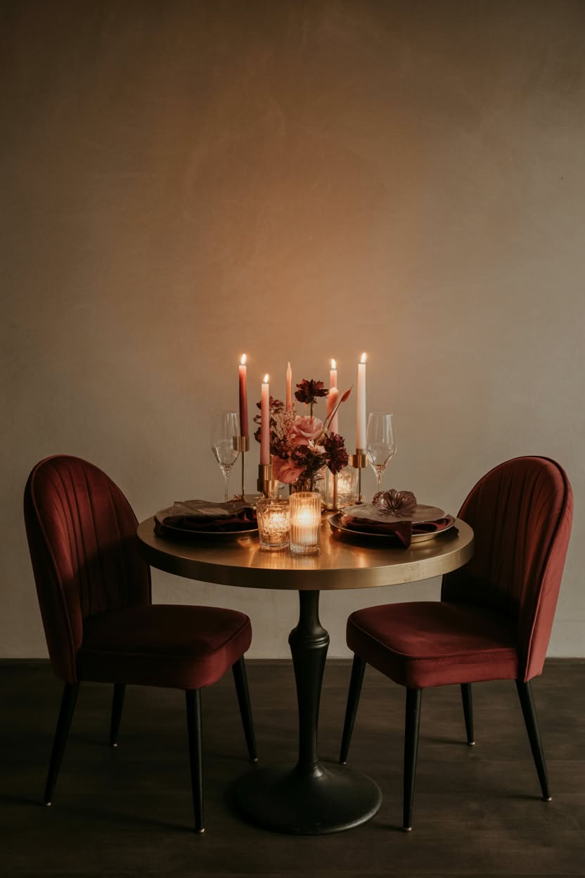 Intimate dining setup with burgundy velvet chairs and black candles