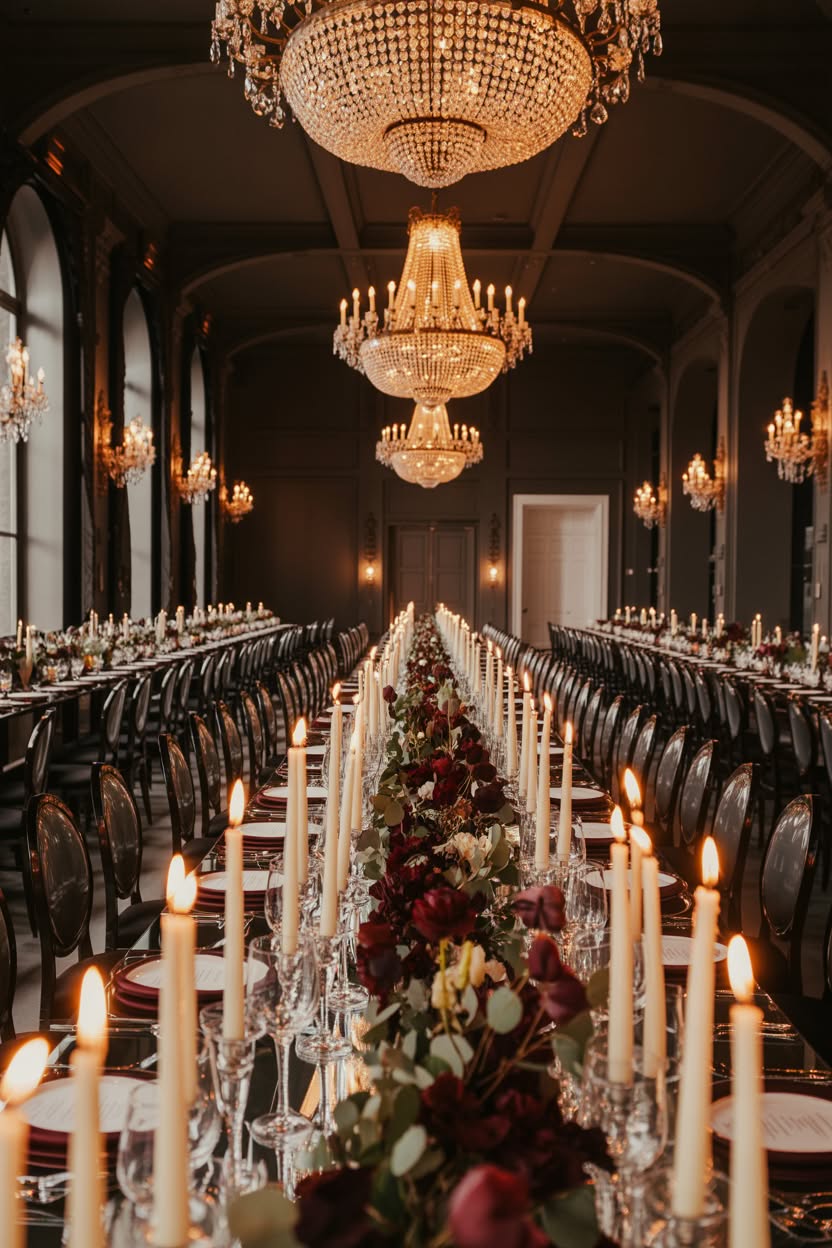 Elegant ballroom wedding reception with crystal chandeliers and long tables