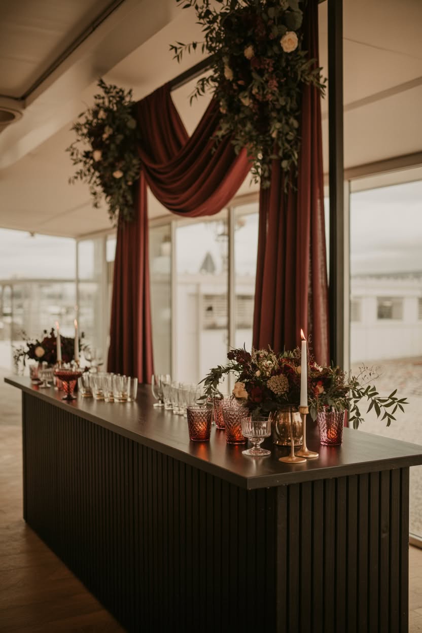 Modern wedding bar with burgundy draped fabric and floral arrangements
