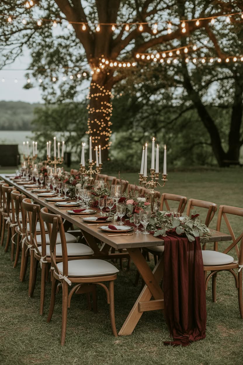 Outdoor farm table wedding reception under tree with string lights