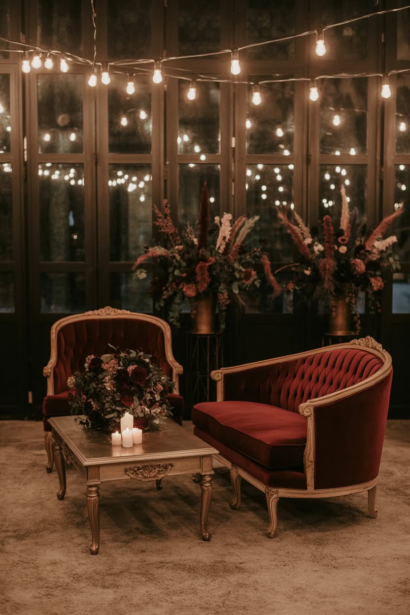 Vintage wedding lounge with burgundy velvet furniture and string lights