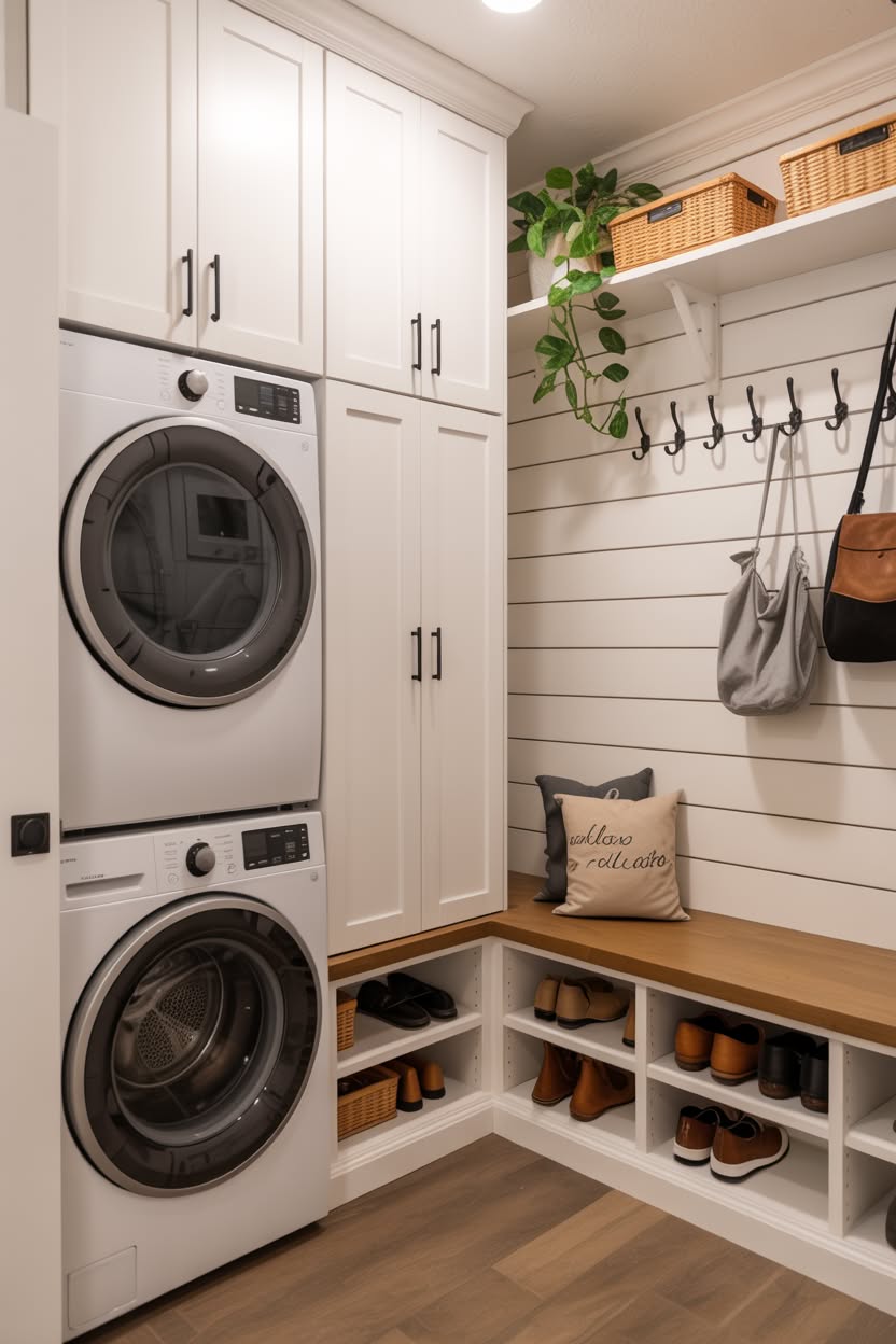White mudroom laundry combo with stacked washer dryer and built-in bench with shoe storage