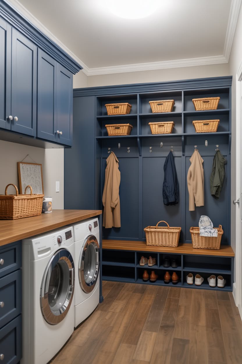 Navy blue mudroom laundry with wood countertops and built-in coat storage