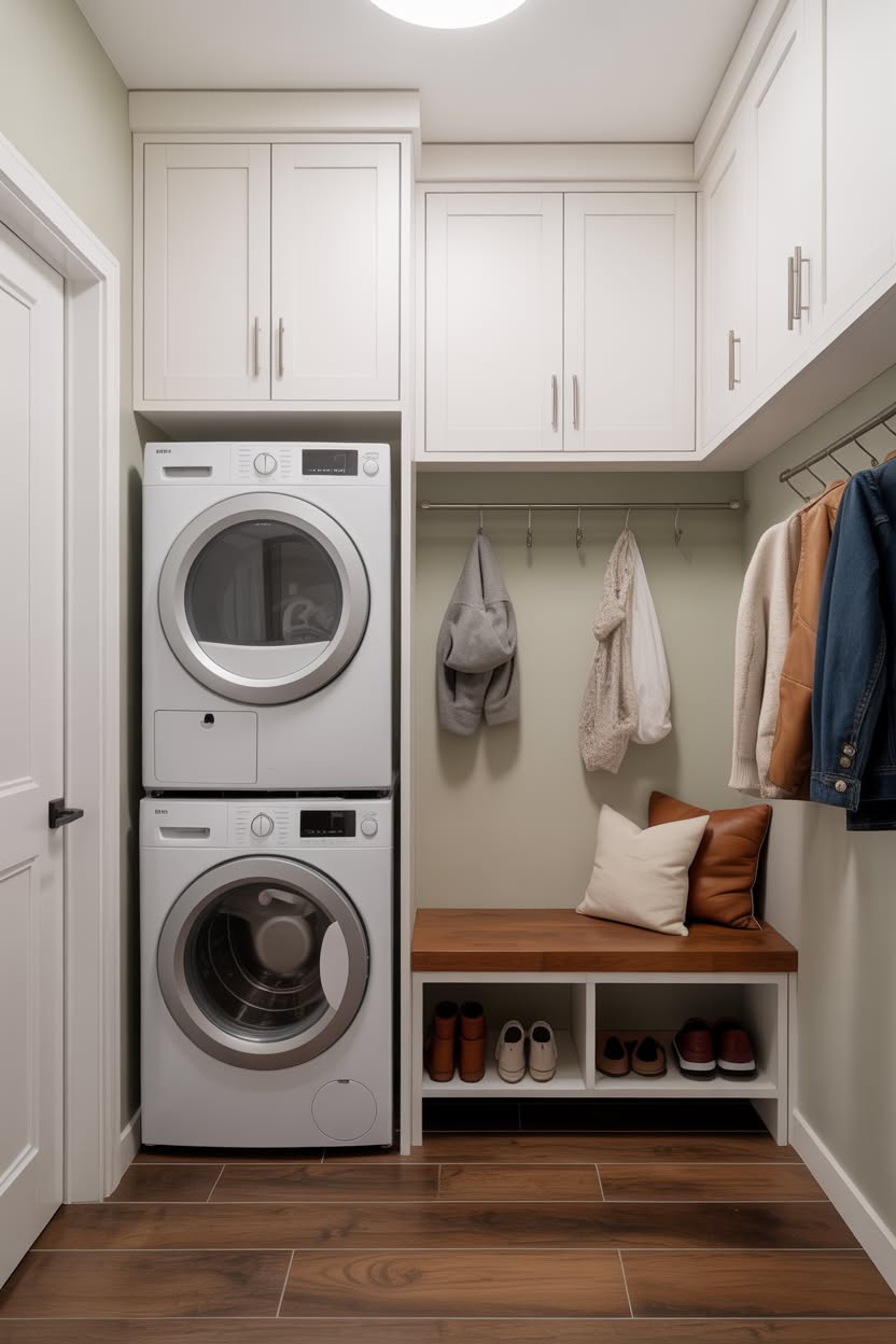 Minimalist white laundry mudroom with L-shaped bench and stacked appliances