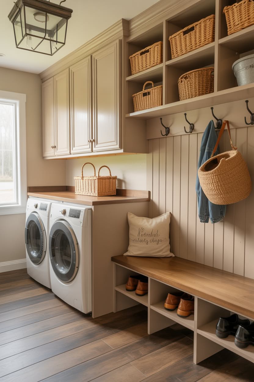 Two-tone gray and white mudroom laundry with hexagonal tile flooring