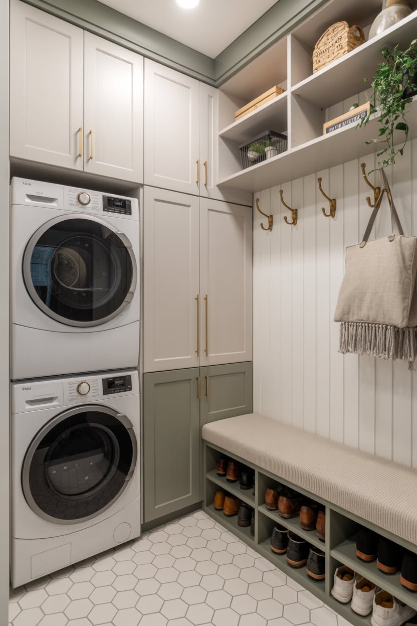 Taupe mudroom laundry with side by side machines and built-in bench storage
