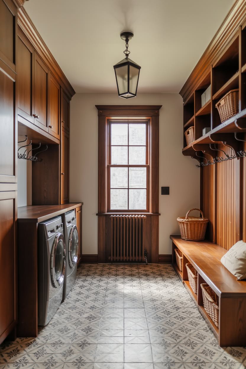 Rich walnut laundry room with vintage tile flooring and traditional details