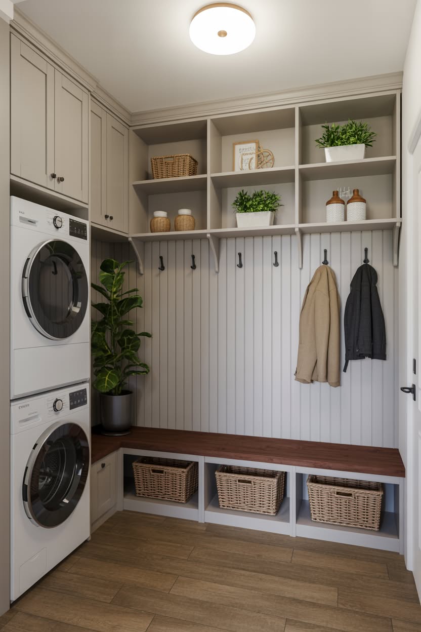 Soft gray mudroom laundry with open shelving and built-in bench seating