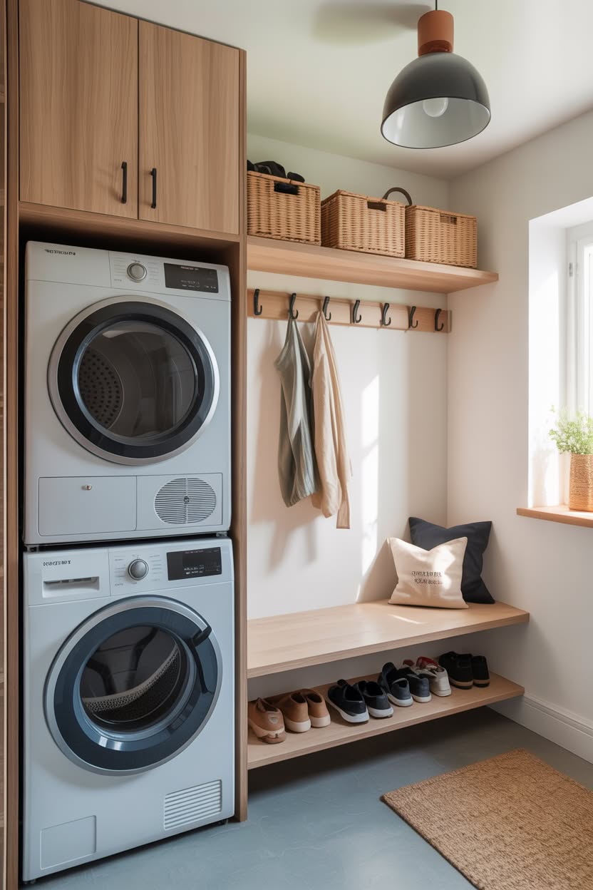 Scandinavian style laundry room with wood cabinets and minimalist design