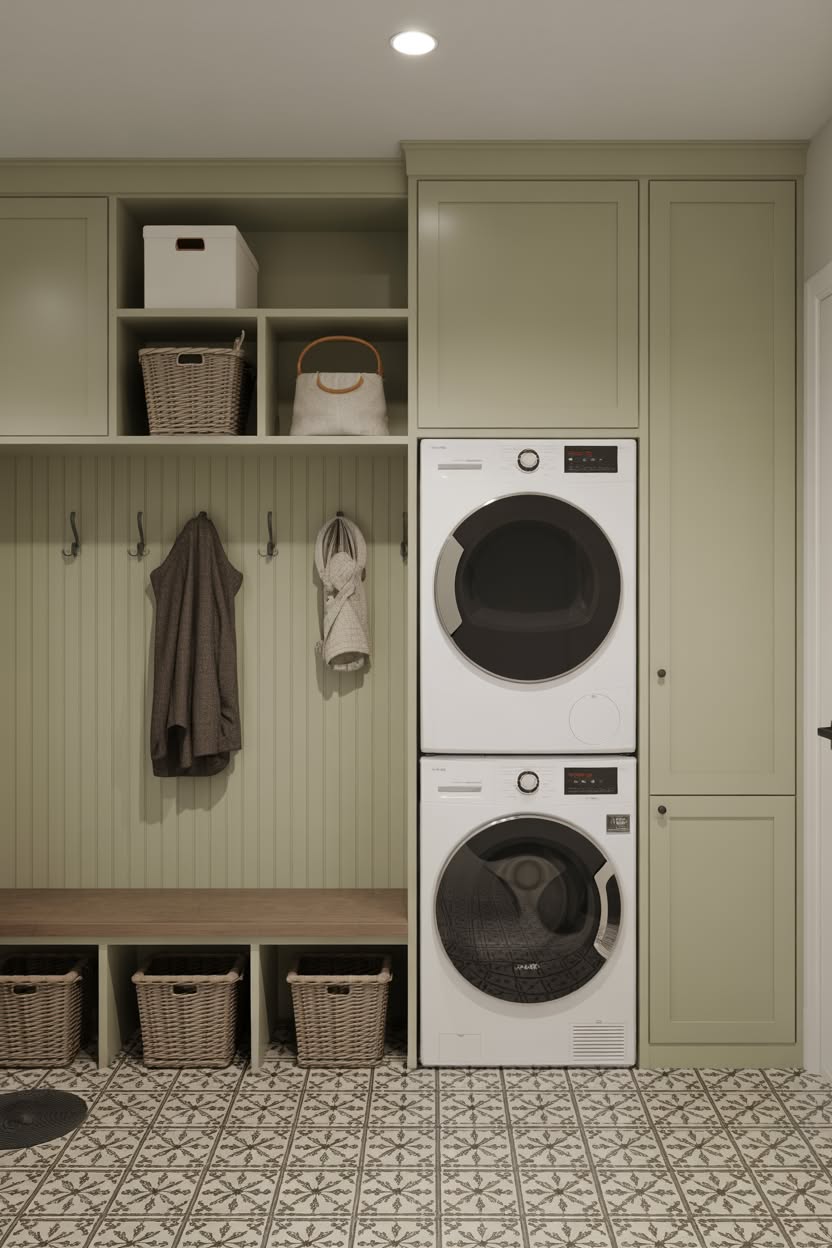 Sage green laundry room with geometric floor tiles and custom storage