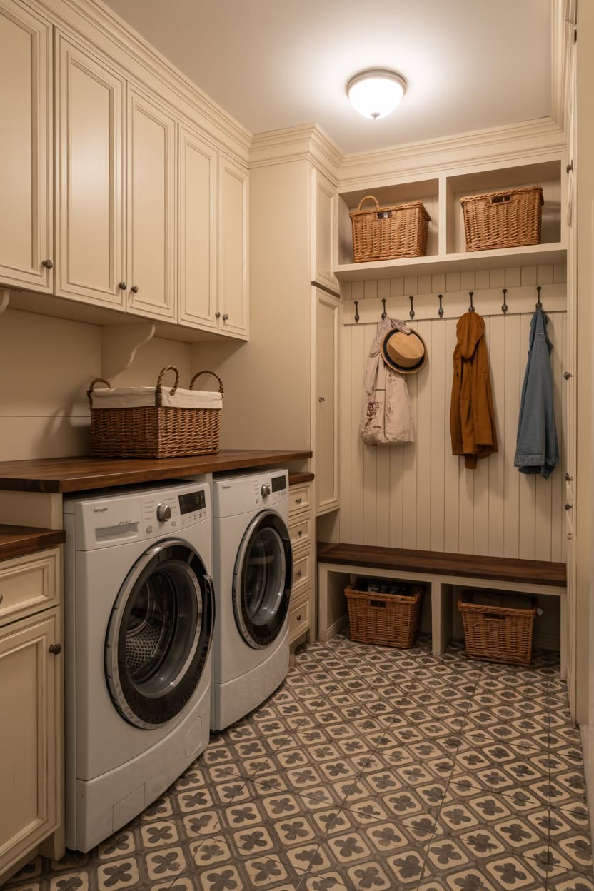 Traditional laundry mudroom with cream cabinets and patterned tile flooring