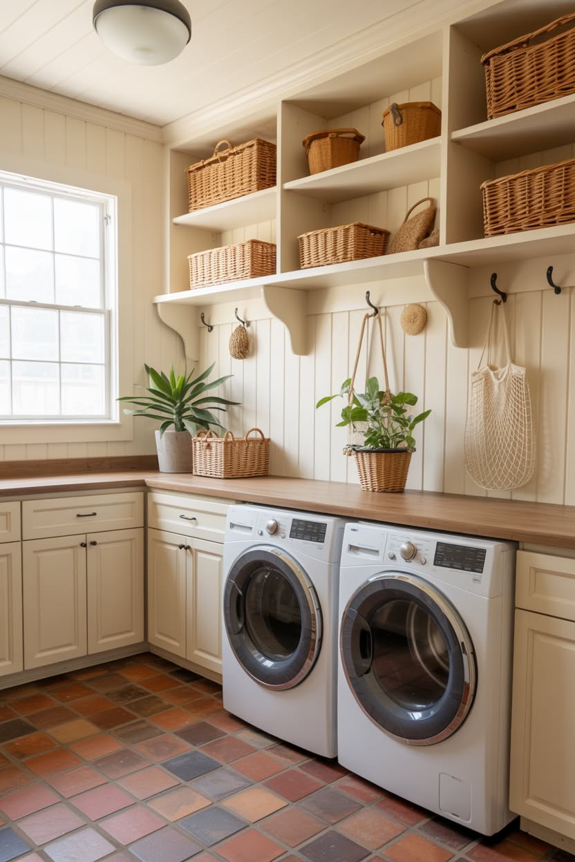 Cream laundry room with natural wood accents and corner mudroom setup