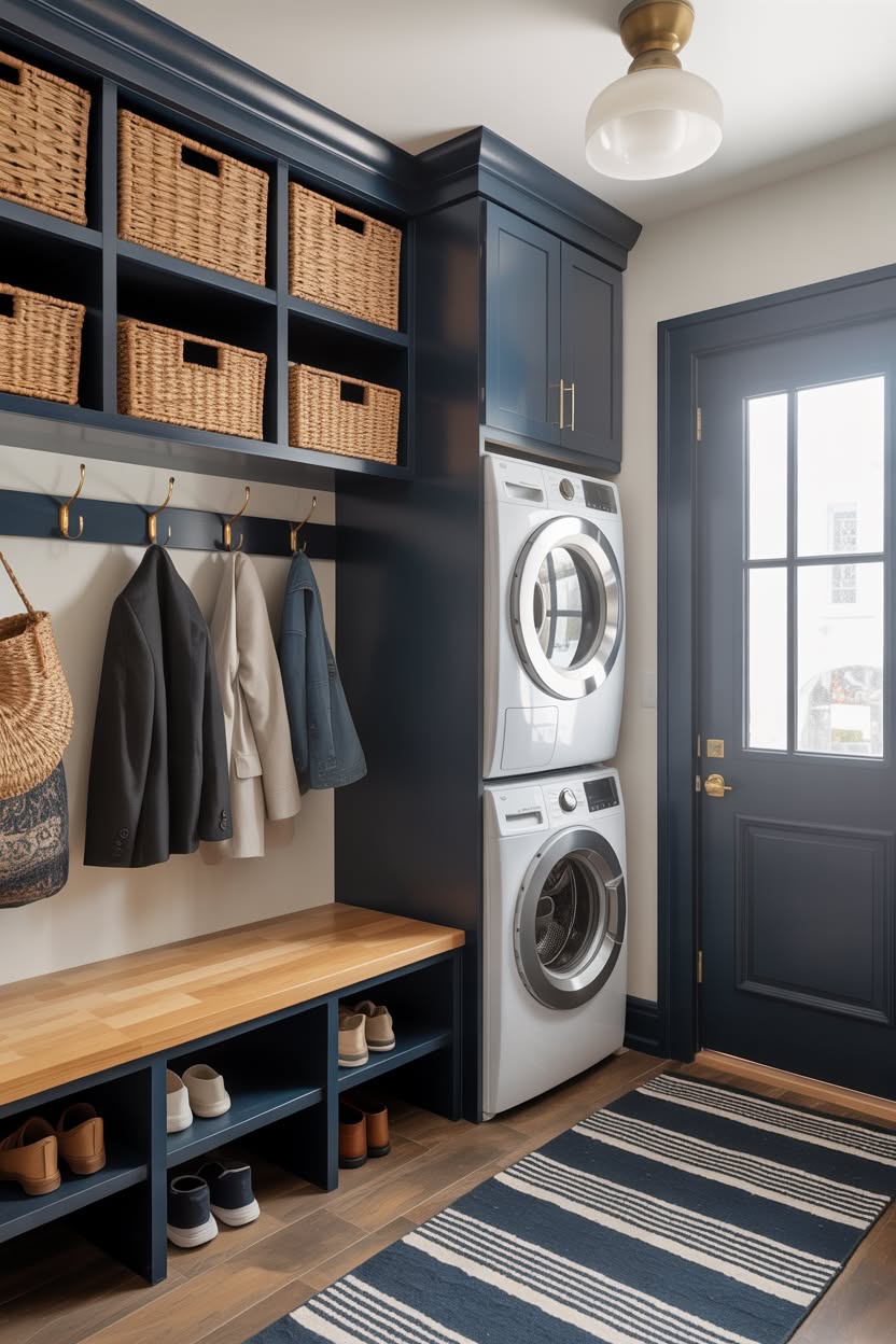 Navy blue mudroom laundry with brass accents and striped area rug