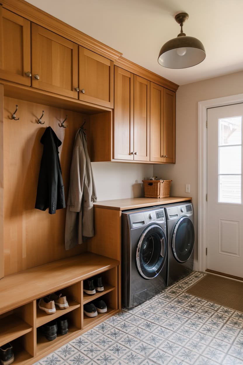 Honey wood mudroom laundry with open coat storage and decorative tile floor