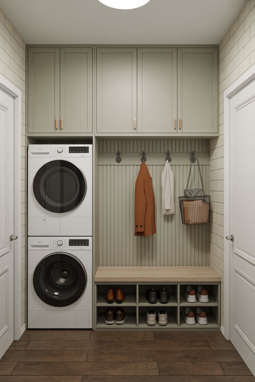 Sage green laundry mudroom with stacked machines and built-in shoe storage bench