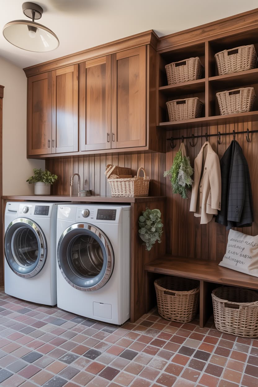 Warm wood mudroom laundry with side by side washers and coat storage