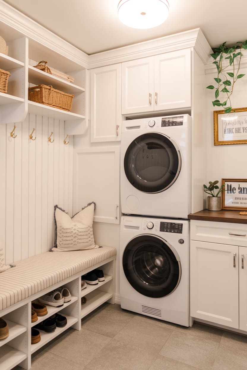 Bright white laundry room with stacked machines and built-in bench seating