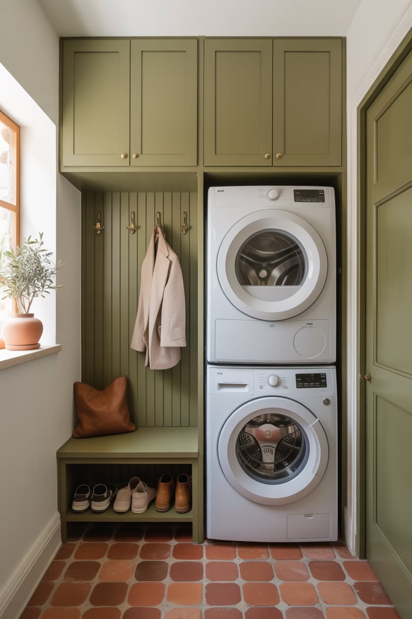 Olive green mudroom laundry with stacked washer dryer and built-in seating