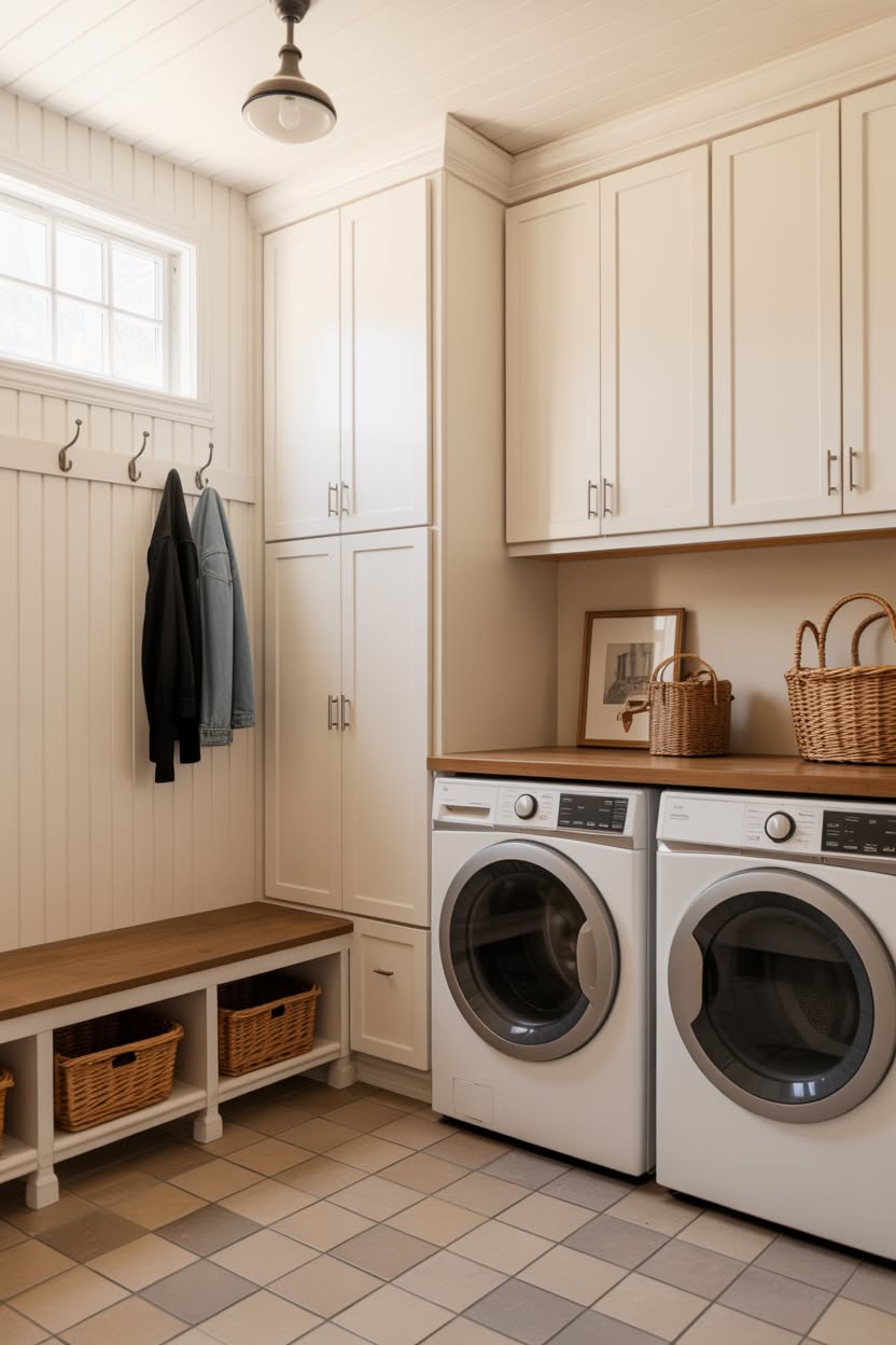Classic white laundry mudroom with side by side machines and built-in storage bench