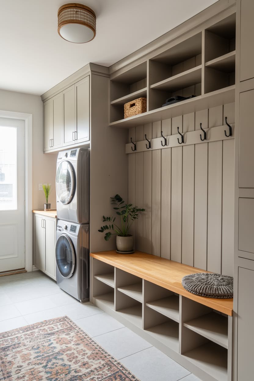 Gray-green laundry room with stacked machines and custom mudroom storage