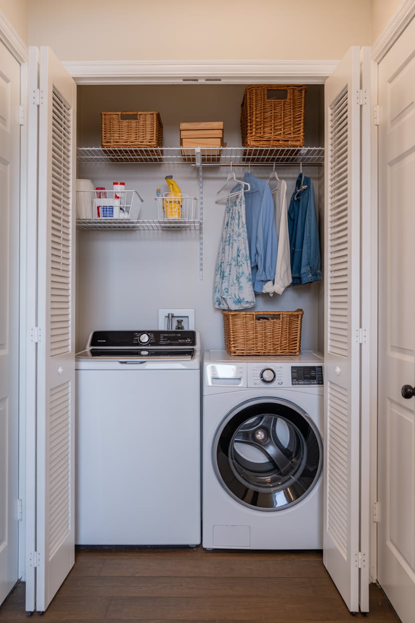 Small laundry closet with white louvered doors featuring top load washer and front load dryer with wire shelving and woven baskets