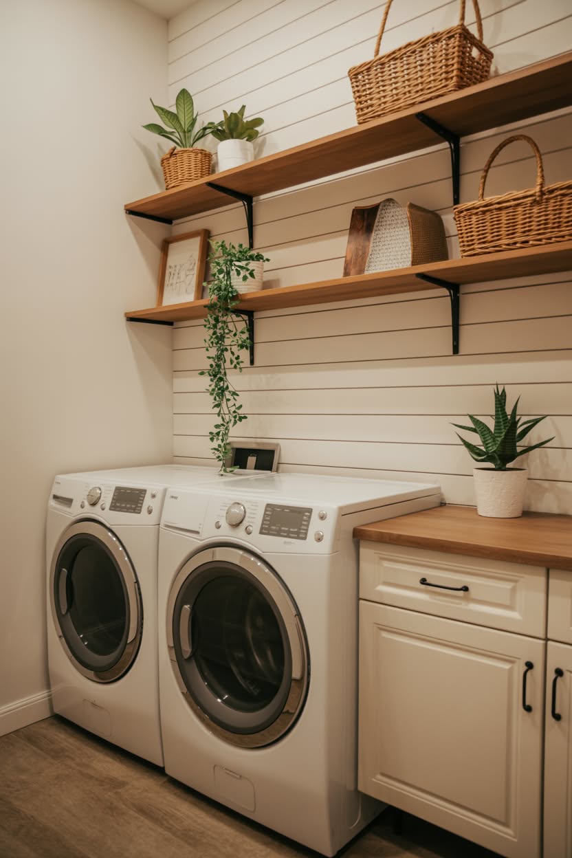 Farmhouse laundry room with white shiplap walls wooden floating shelves and cream colored top load machines