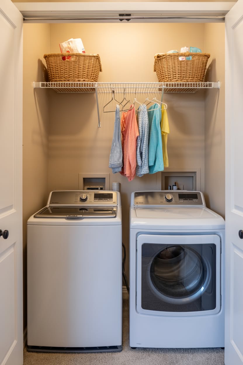 Minimalist white laundry closet with top load washer and dryer wire shelving and hanging clothes rod
