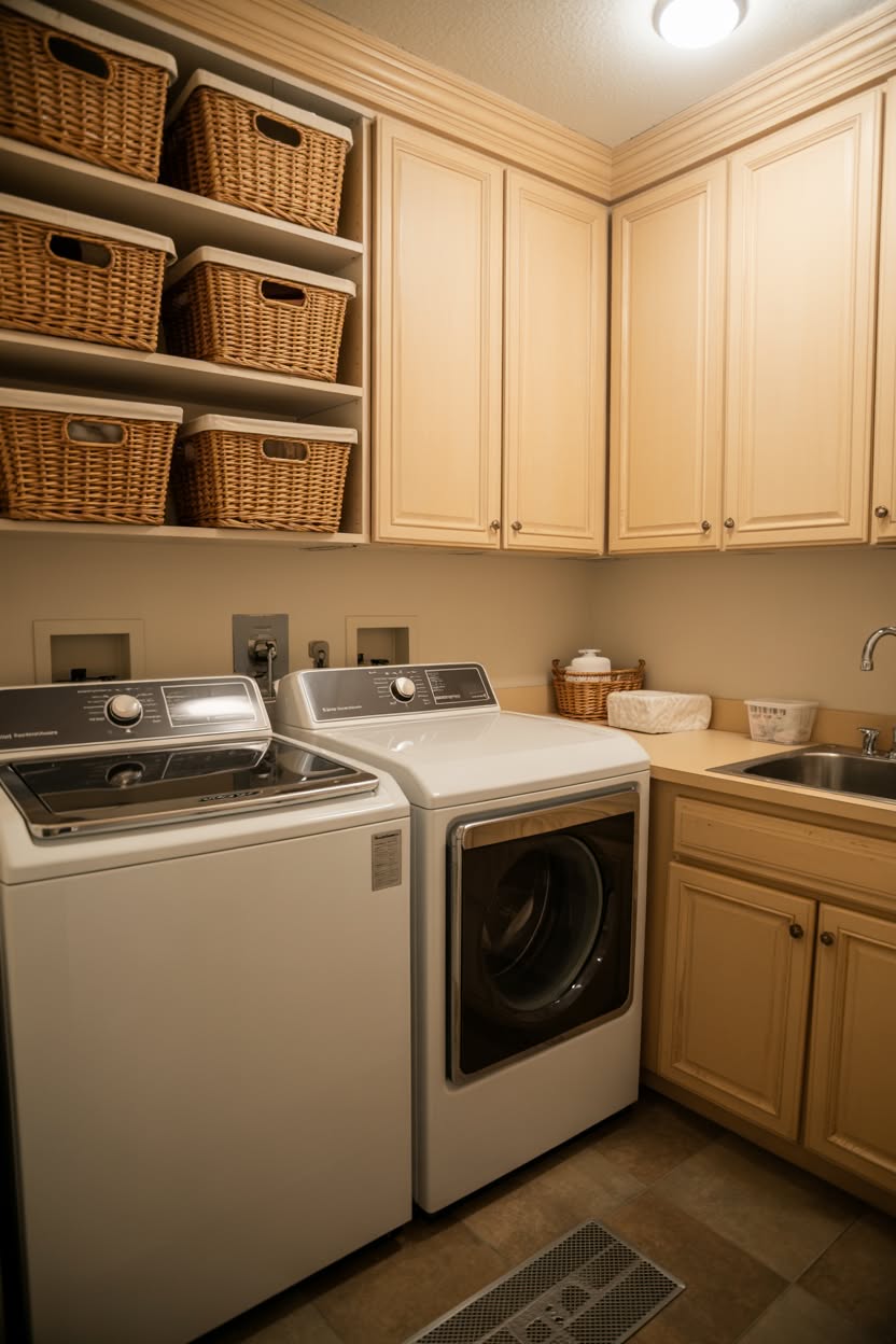 Traditional laundry room with cream cabinets woven basket storage and white top load appliances