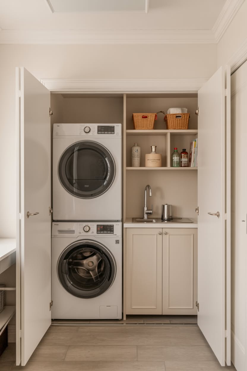 Compact laundry closet with stacked washer dryer configuration and built in sink with cabinet storage