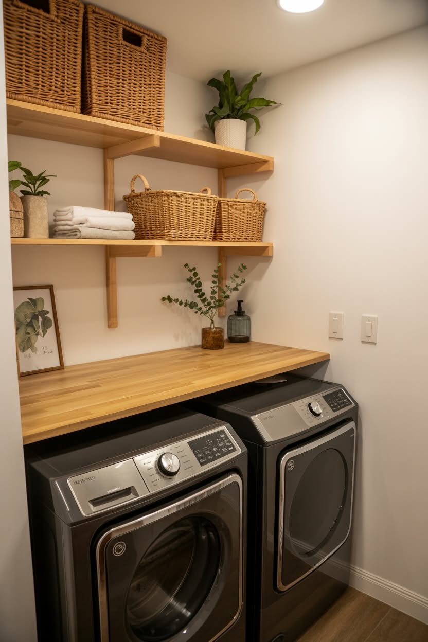 Scandinavian laundry nook with wooden shelves gray front load machines and organized woven baskets with plants