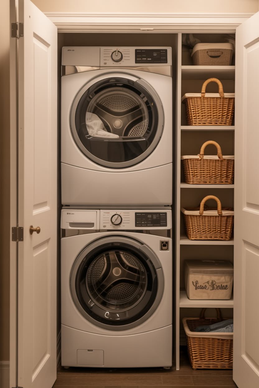 White laundry closet with stacked silver washer dryer and vertical shelving with woven basket storage
