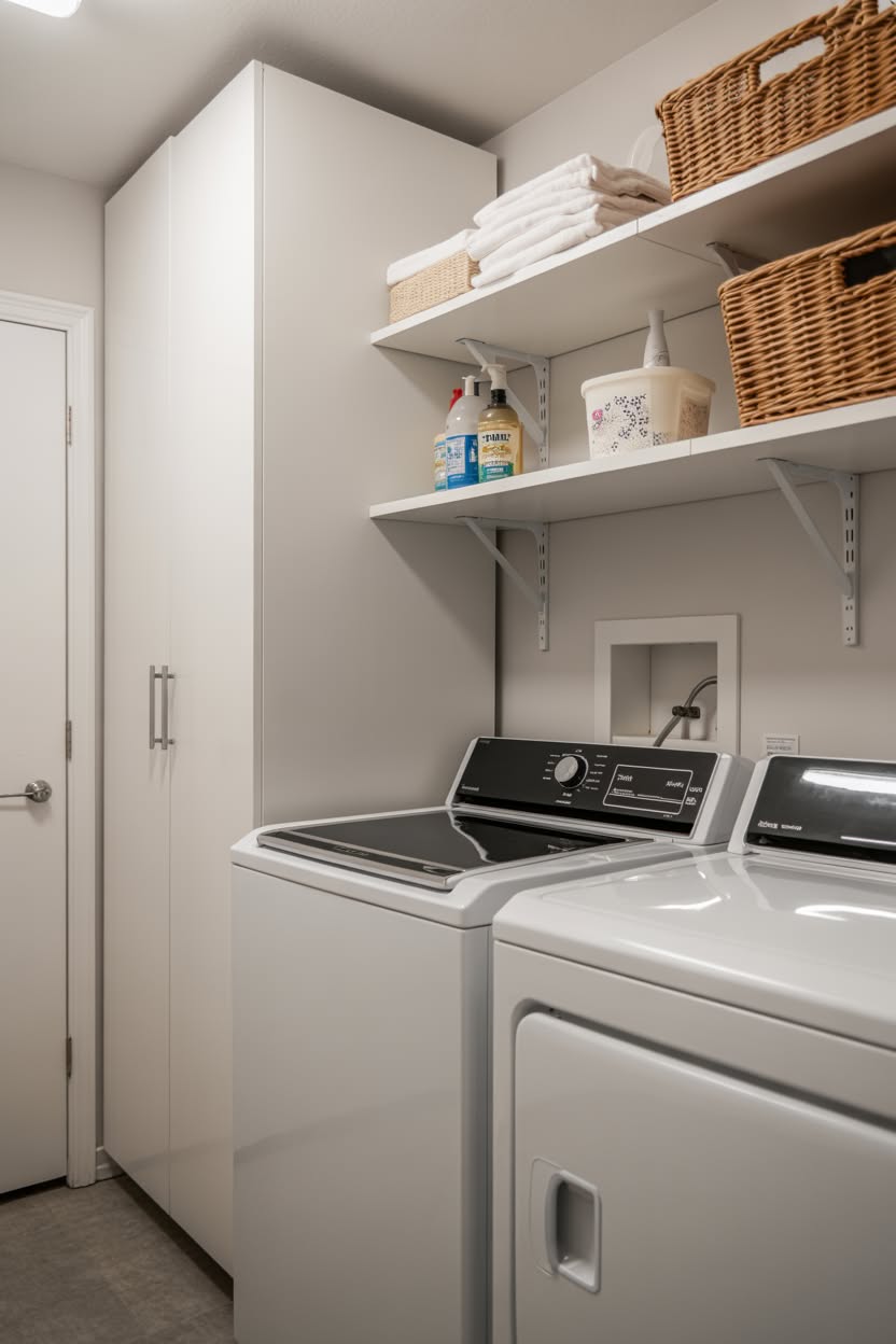 Bright white laundry room with top load machines adjustable wall shelving and woven storage baskets