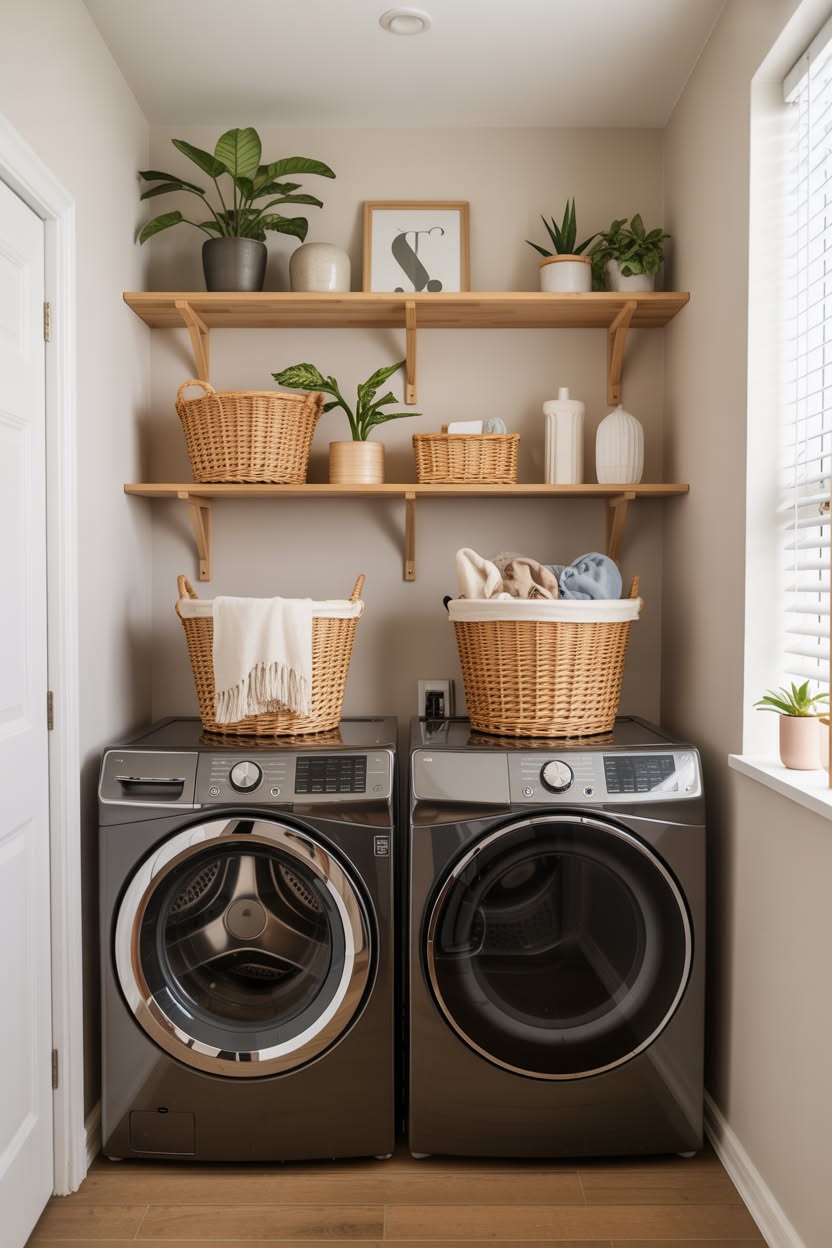 Stylish laundry room with gray front load machines wooden shelves decorated with plants and woven baskets