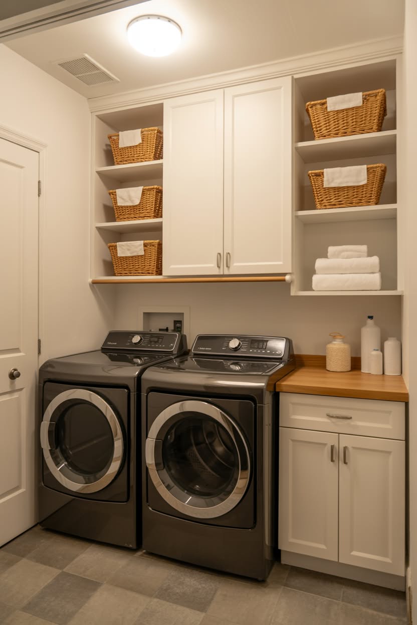 Custom built laundry room with gray top load machines white cabinets and wraparound counter with storage