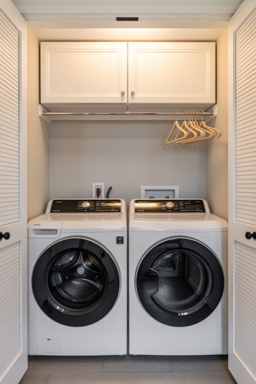 Simple white laundry closet with top load washer and dryer upper cabinet storage and hanging rod