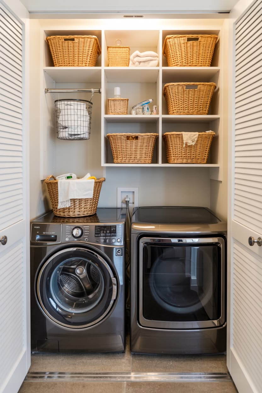 Organized laundry closet with louvered doors black washer dryer and custom shelving with multiple woven baskets
