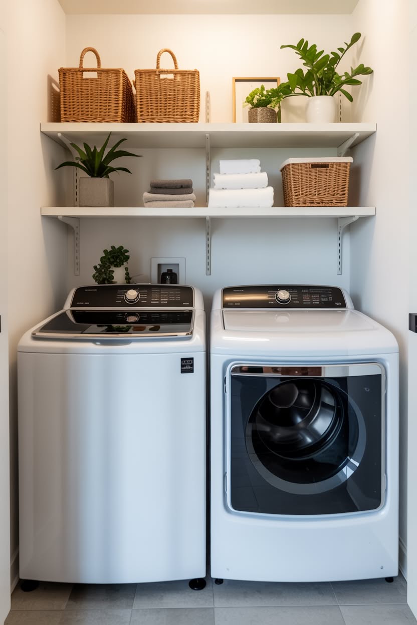 Luxury laundry closet with black stacked washer dryer built in shelving with woven baskets and organized storage